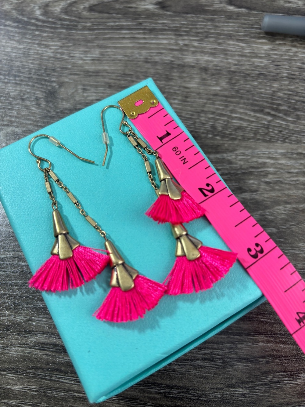 Gold-Tone Pink Tassel Drop Earrings 3” long - Picture 2 of 2